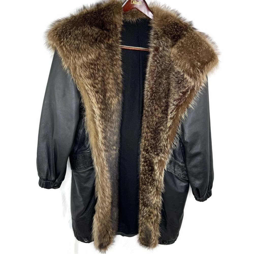 Black Leather Coat knee Length trimmed in Raccoon fur, very heavy WARM Vintage